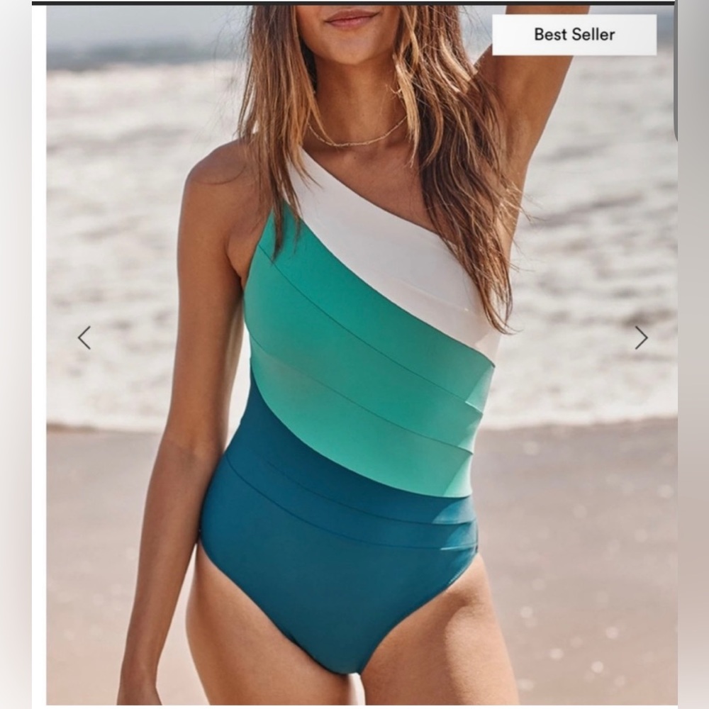 Summersalt One-Shoulder Colorblock One Piece - White, Teal, Blue